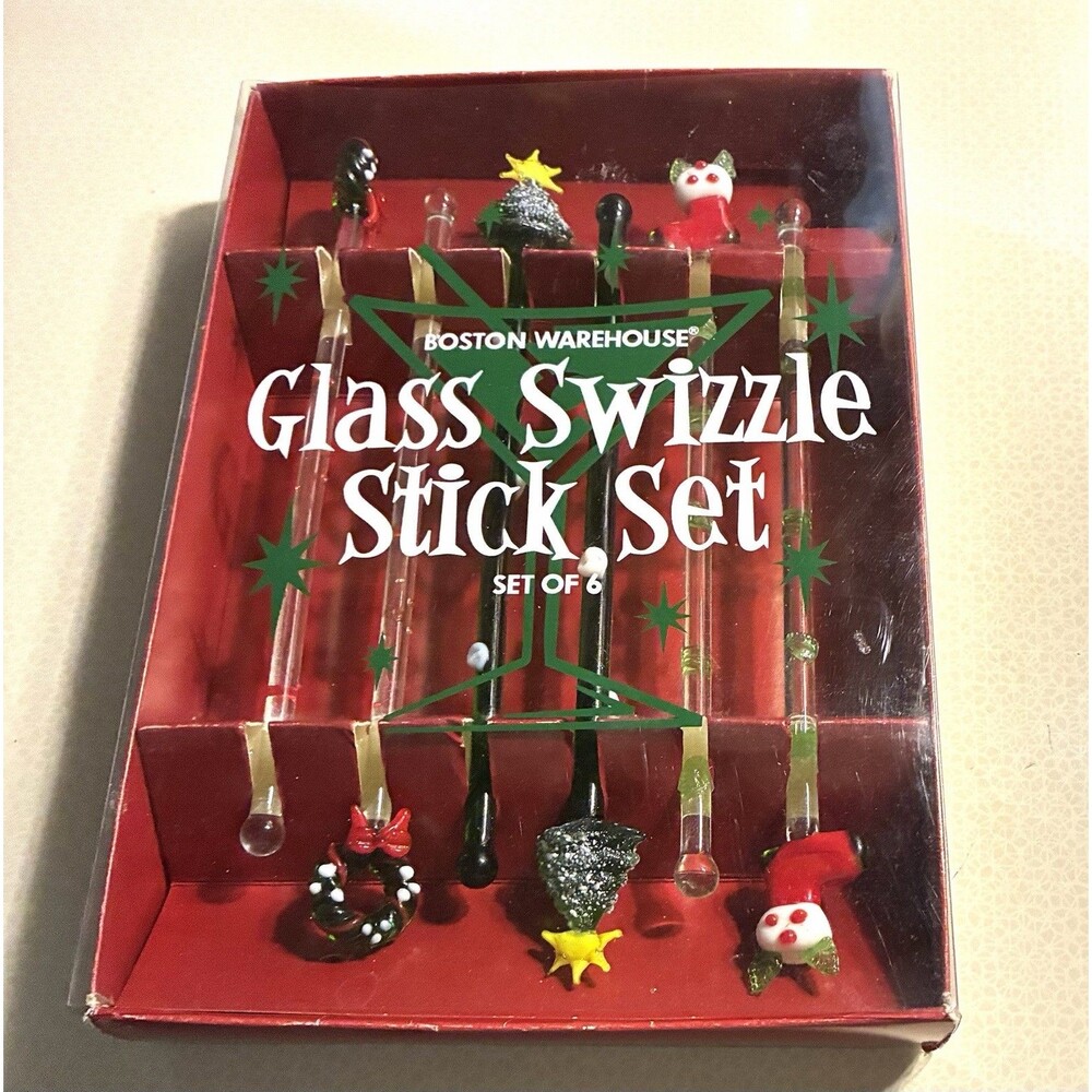 Boston Warehouse Glass Swizzle Stick Set Of 6 Christmas Tree Stocking Wreath